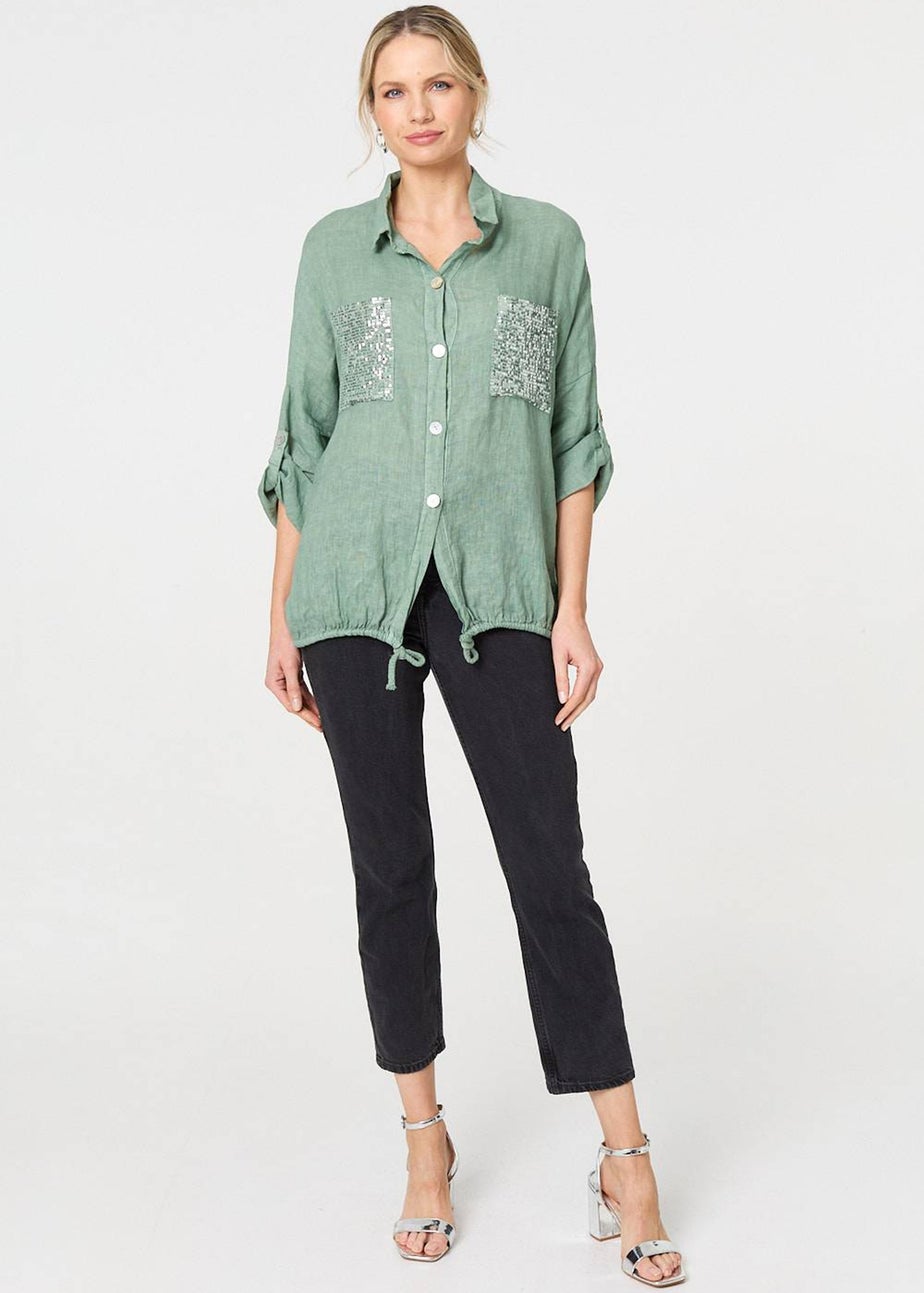 Izabel London Sage Sequin Detail 3/4 Turn-Up Sleeve Shirt