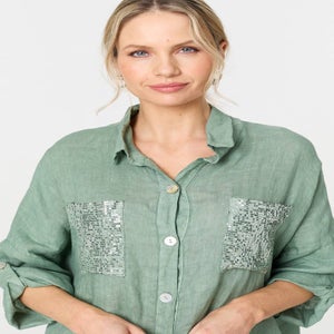 Izabel London Sage Sequin Detail 3/4 Turn-Up Sleeve Shirt