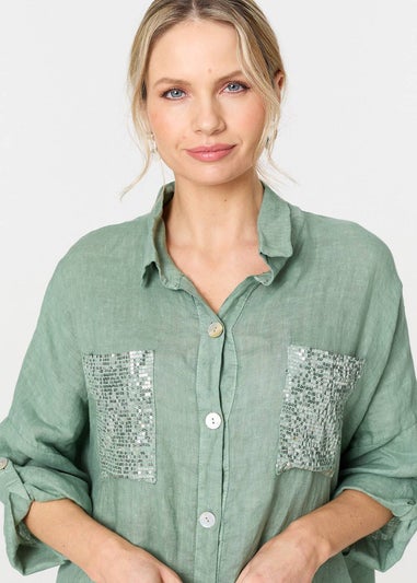 Izabel London Sage Sequin Detail 3/4 Turn-Up Sleeve Shirt