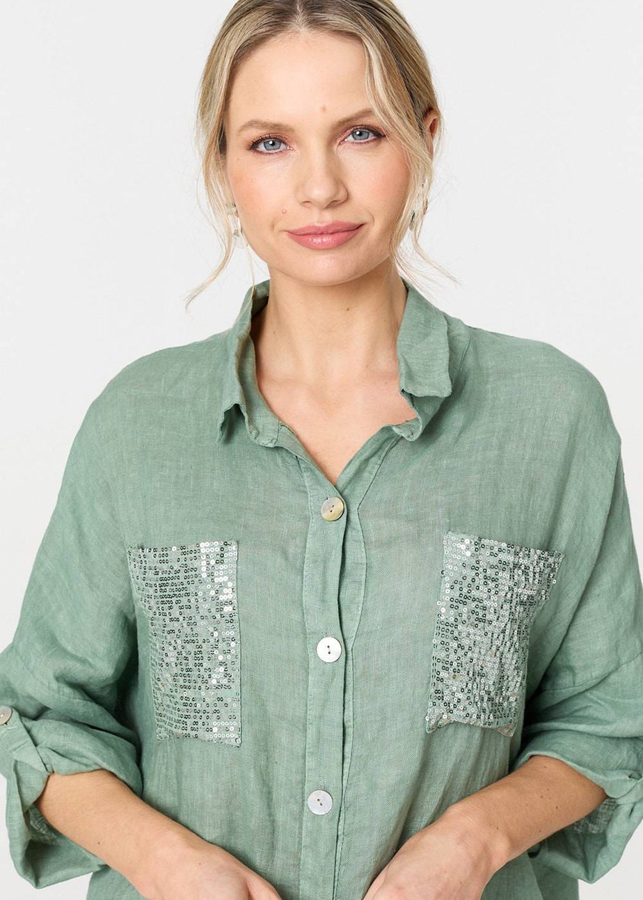 Izabel London Sage Sequin Detail 3/4 Turn-Up Sleeve Shirt