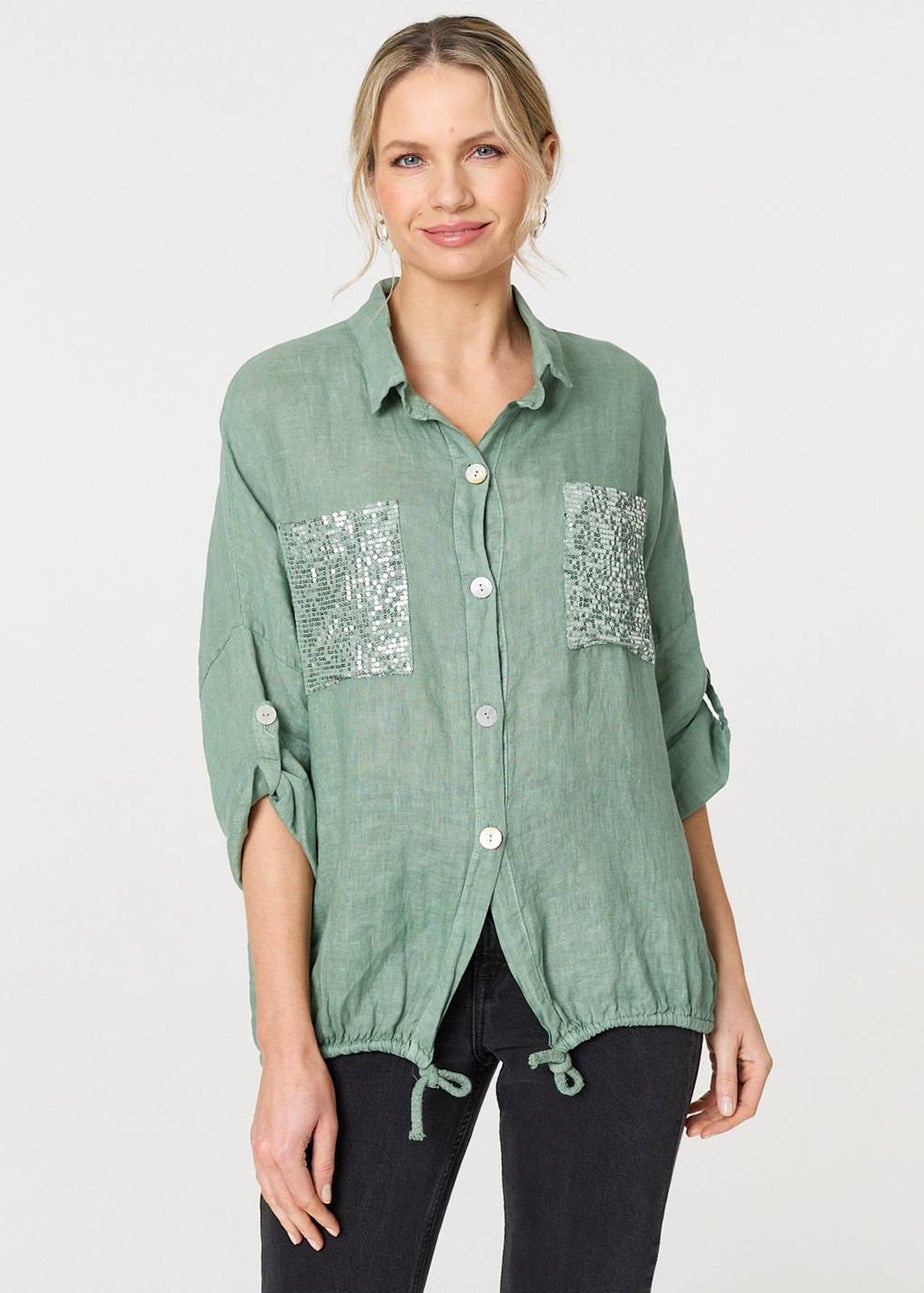 Izabel London Sage Sequin Detail 3/4 Turn-Up Sleeve Shirt
