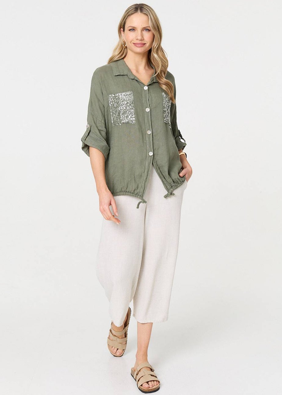 Izabel London Khaki Sequin Detail 3/4 Turn-Up Sleeve Shirt