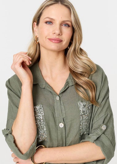 Izabel London Khaki Sequin Detail 3/4 Turn-Up Sleeve Shirt