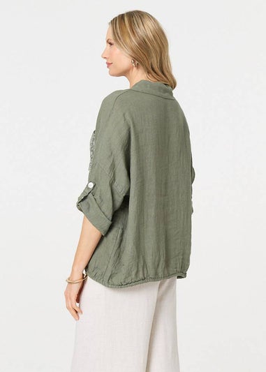 Izabel London Khaki Sequin Detail 3/4 Turn-Up Sleeve Shirt