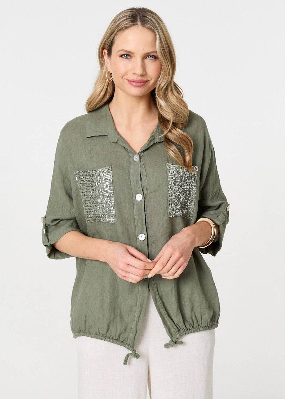 Izabel London Khaki Sequin Detail 3/4 Turn-Up Sleeve Shirt