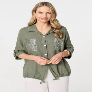 Izabel London Khaki Sequin Detail 3/4 Turn-Up Sleeve Shirt
