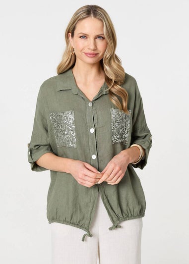 Izabel London Khaki Sequin Detail 3/4 Turn-Up Sleeve Shirt