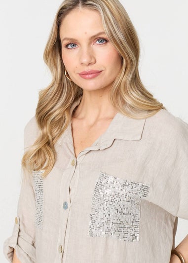 Izabel London Beige Sequin Detail 3/4 Turn-Up Sleeve Shirt