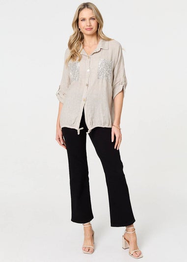 Izabel London Beige Sequin Detail 3/4 Turn-Up Sleeve Shirt