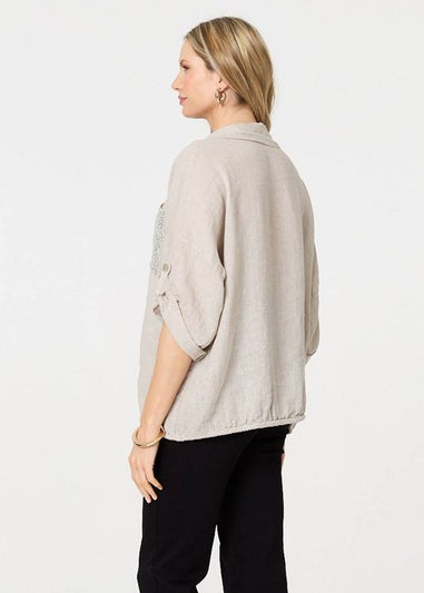 Izabel London Beige Sequin Detail 3/4 Turn-Up Sleeve Shirt