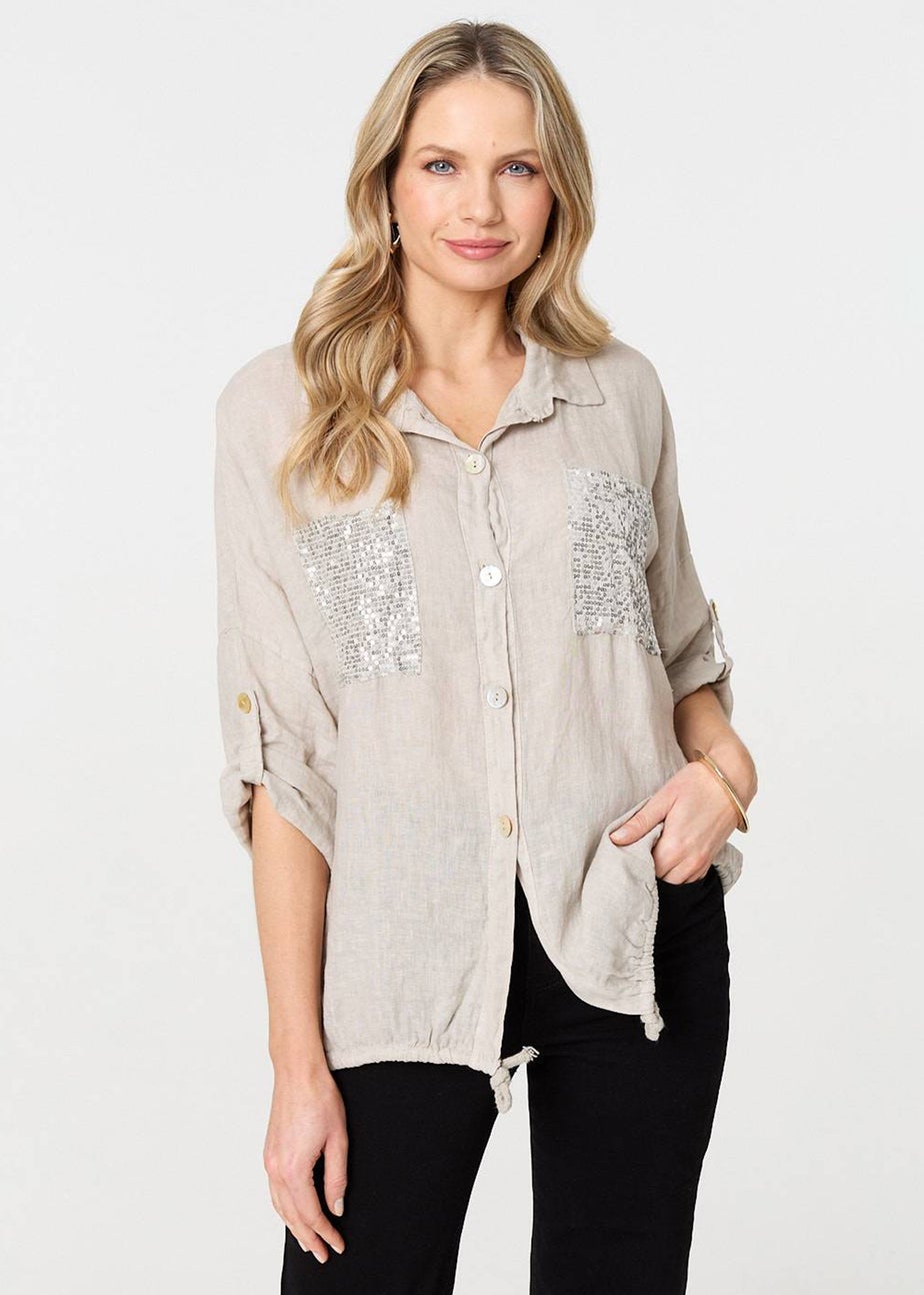 Izabel London Beige Sequin Detail 3/4 Turn-Up Sleeve Shirt