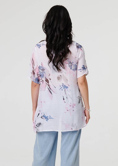 Izabel London Blue Floral Collarless Short Sleeve Blouse