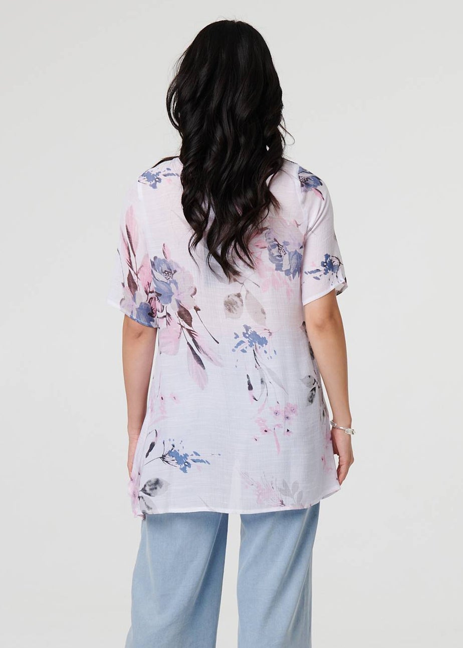 Izabel London Blue Floral Collarless Short Sleeve Blouse