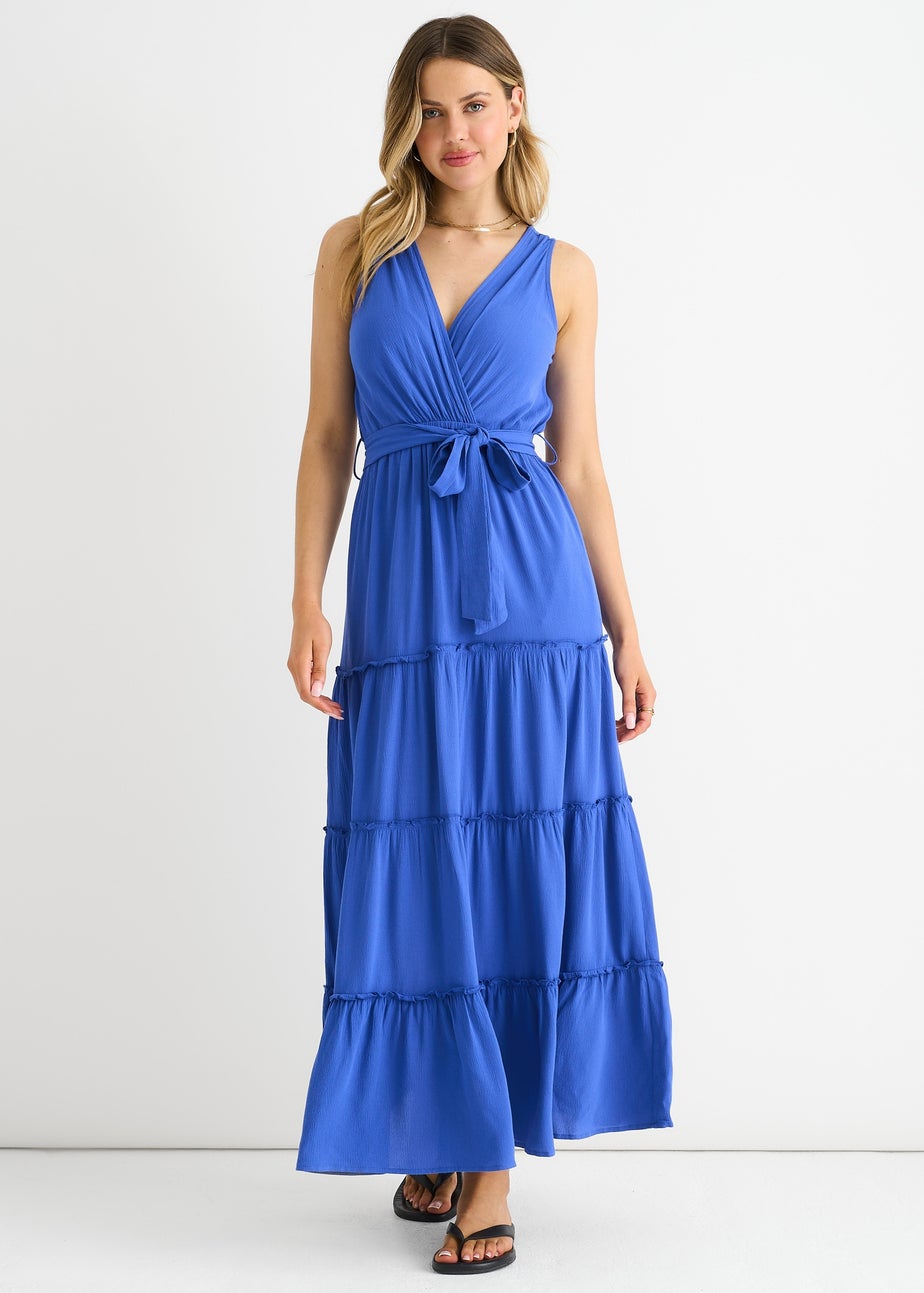 Gini London Blue Viscose Wrap Tiered Maxi Dress