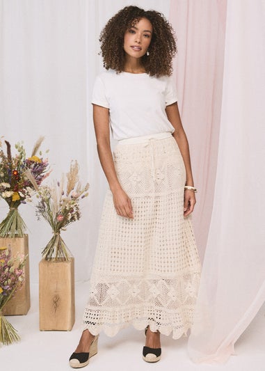 Izabel London Ivory Mesh Crochet Texture Tie Waist Midi Skirt