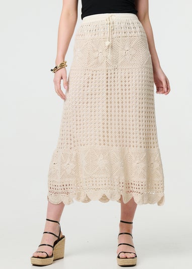 Izabel London Ivory Mesh Crochet Texture Tie Waist Midi Skirt
