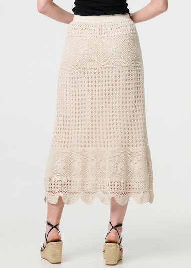 Izabel London Ivory Mesh Crochet Texture Tie Waist Midi Skirt