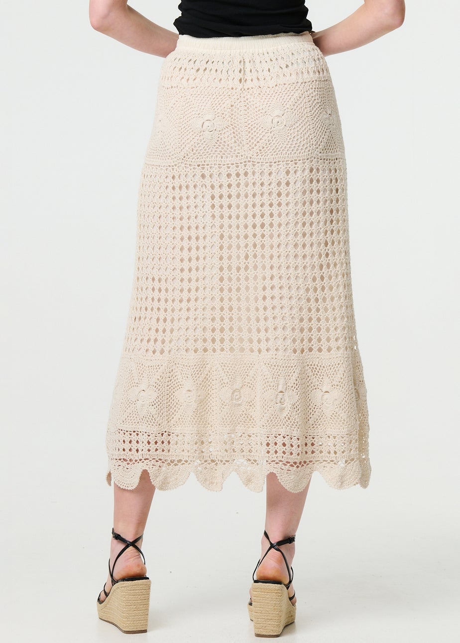Izabel London Ivory Mesh Crochet Texture Tie Waist Midi Skirt