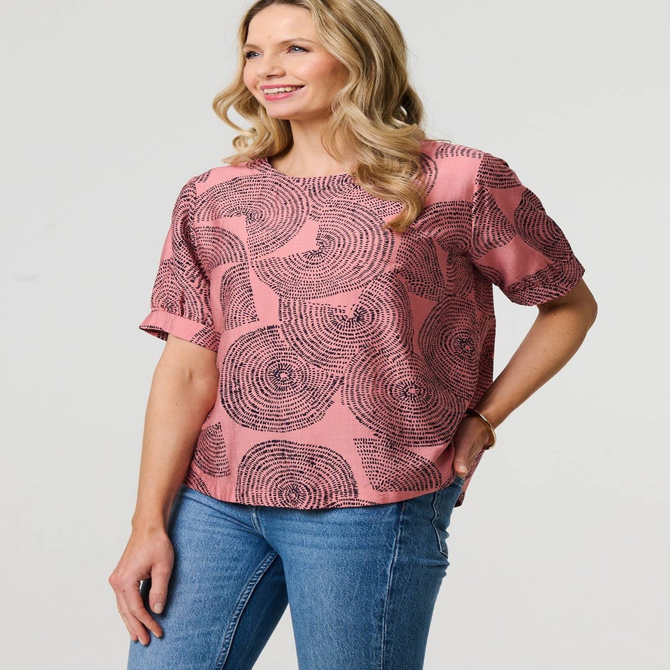 Izabel London Pink Abstract 1/2 Sleeve Relaxed Top