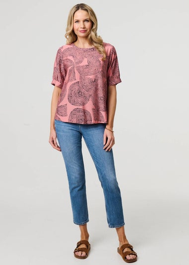 Izabel London Pink Abstract 1/2 Sleeve Relaxed Top