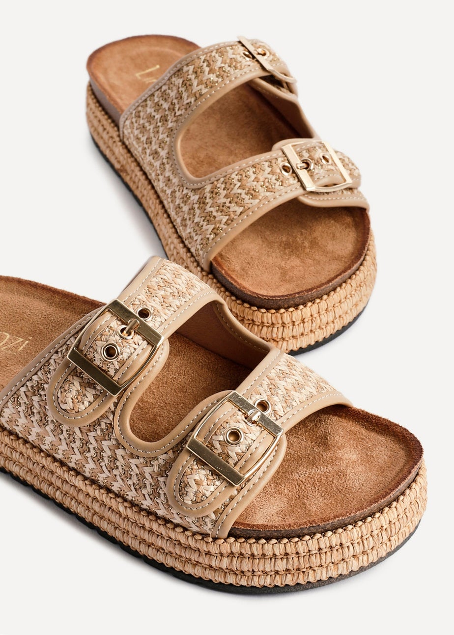 Linzi Cici Beige Aztec Woven Double Buckle Flatform Slider Sandal
