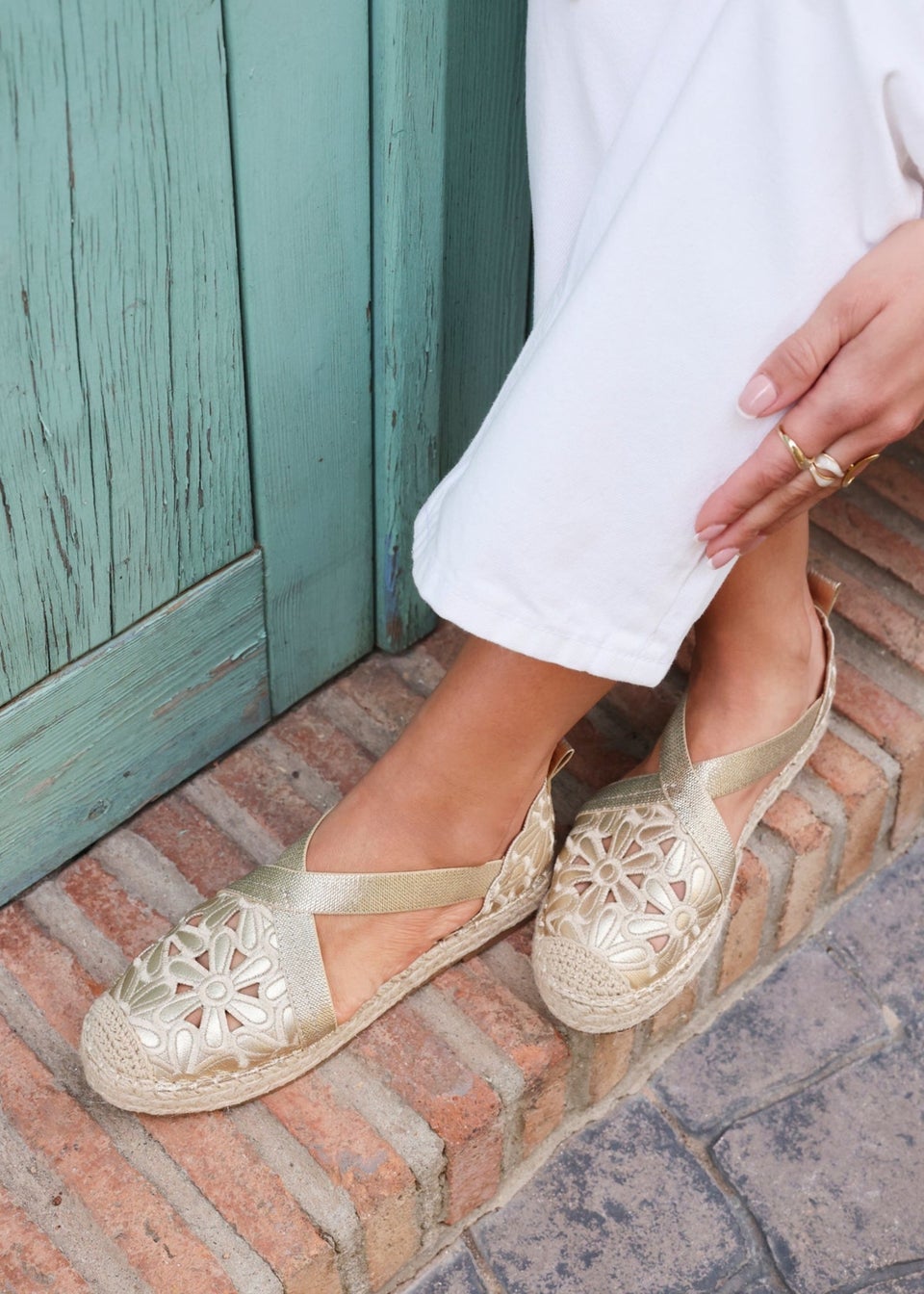 Linzi Jillian Gold Faux Leather Flower Cut Out Espadrille Sandal