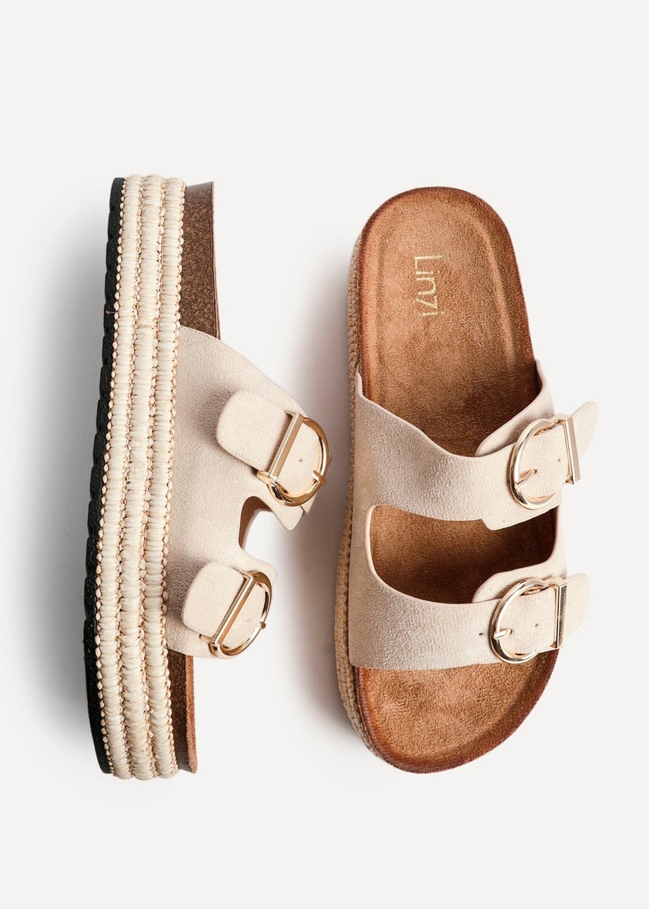 Linzi Alabama Sand Faux Suede Double Buckle Plaited Flatform Slider