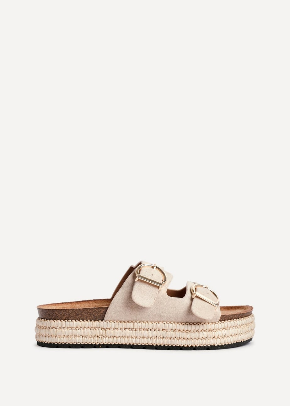Linzi Alabama Sand Faux Suede Double Buckle Plaited Flatform Slider