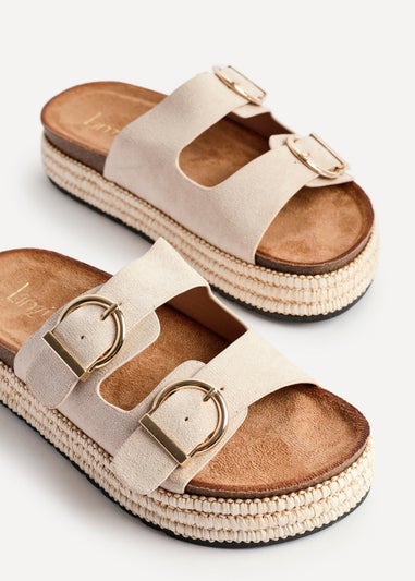 Linzi Alabama Sand Faux Suede Double Buckle Plaited Flatform Slider