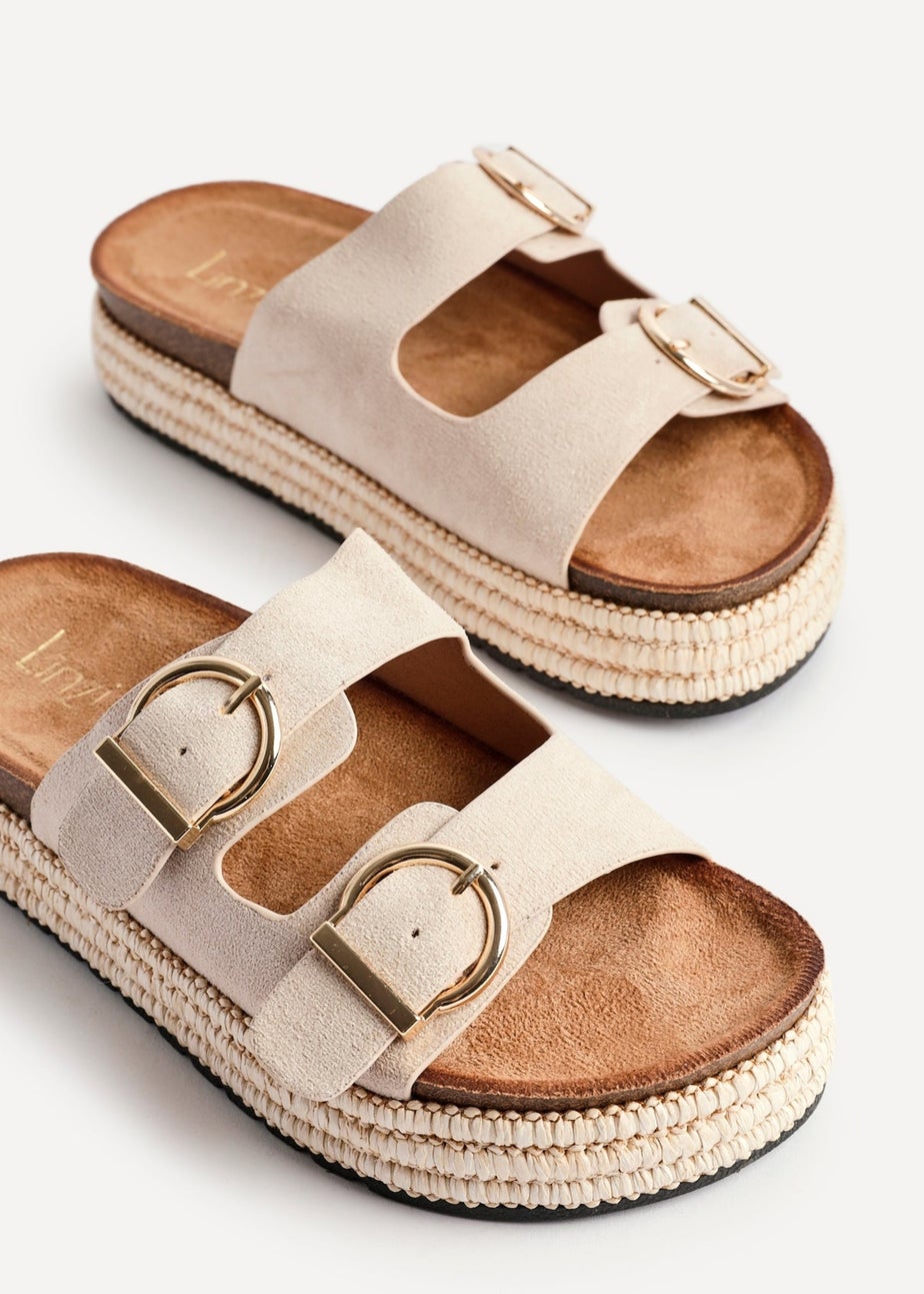 Linzi Alabama Sand Faux Suede Double Buckle Plaited Flatform Slider