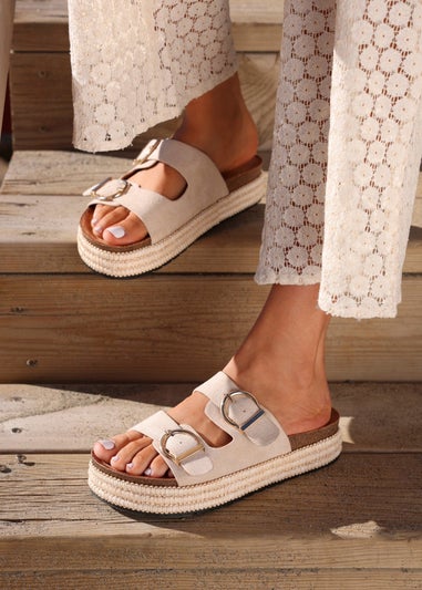Linzi Alabama Sand Faux Suede Double Buckle Plaited Flatform Slider
