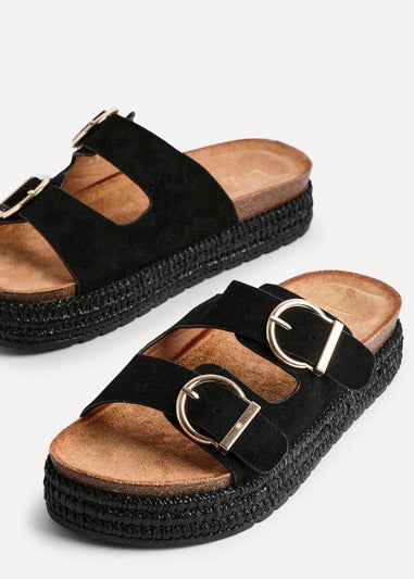 Linzi Alabama Black Faux Suede Double Buckle Plaited Flatform Slider