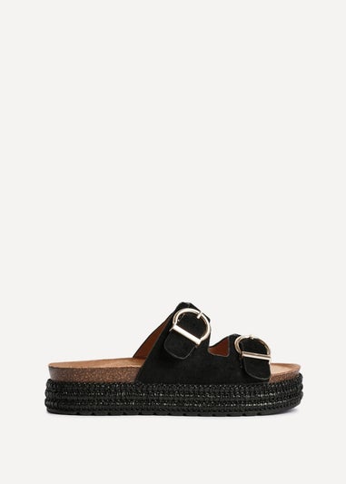 Linzi Alabama Black Faux Suede Double Buckle Plaited Flatform Slider