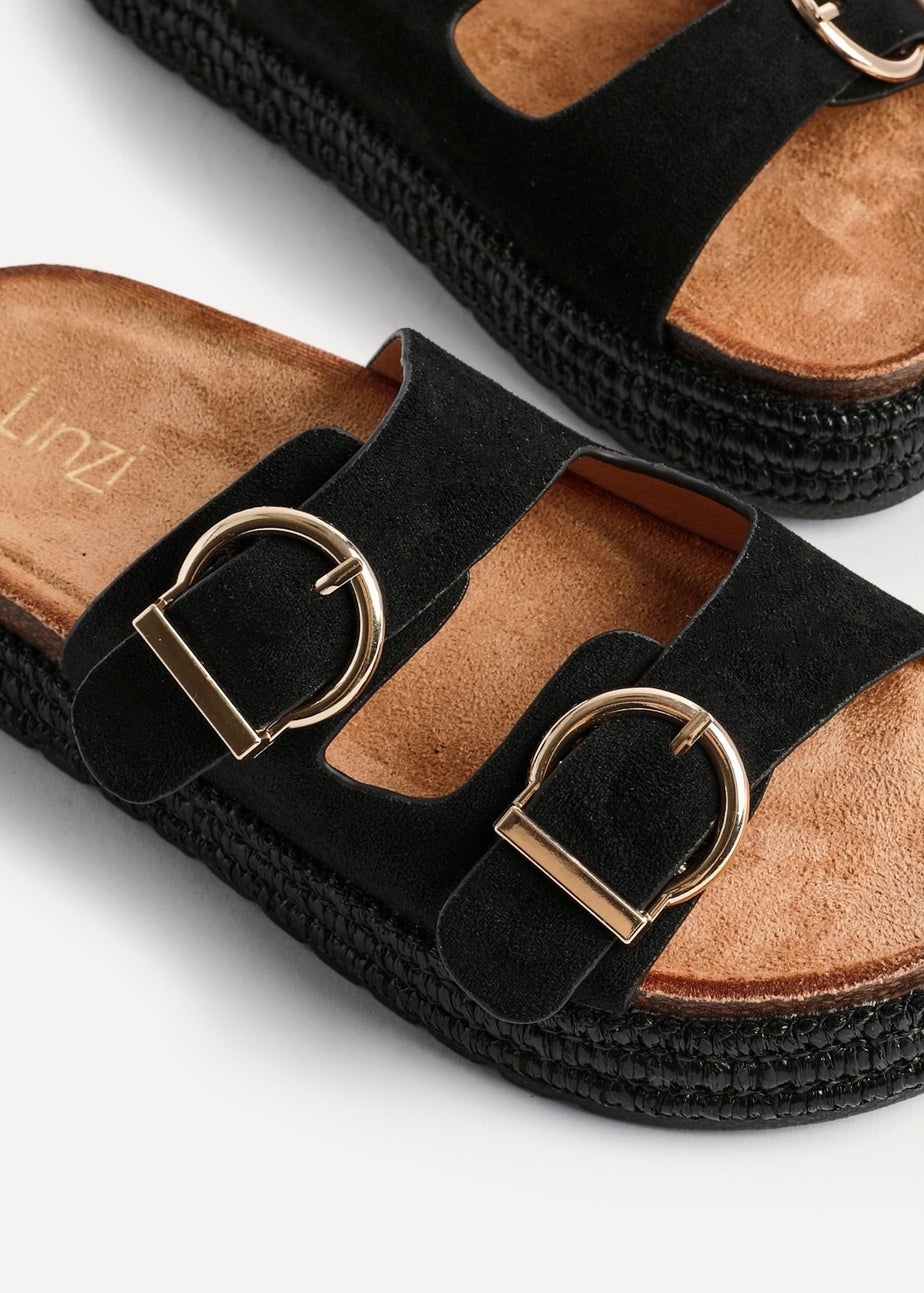 Linzi Alabama Black Faux Suede Double Buckle Plaited Flatform Slider