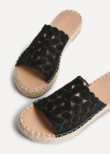 Linzi Parade Black Suede Floral Espadrille Flatform Slider