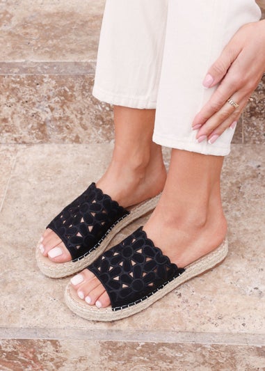 Linzi Parade Black Suede Floral Espadrille Flatform Slider