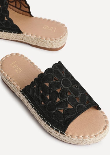 Linzi Parade Black Suede Floral Espadrille Flatform Slider