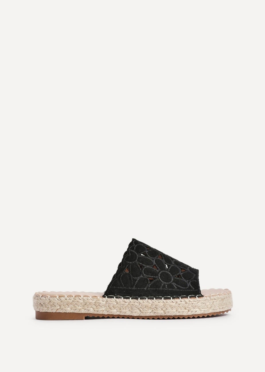 Linzi Parade Black Suede Floral Espadrille Flatform Slider