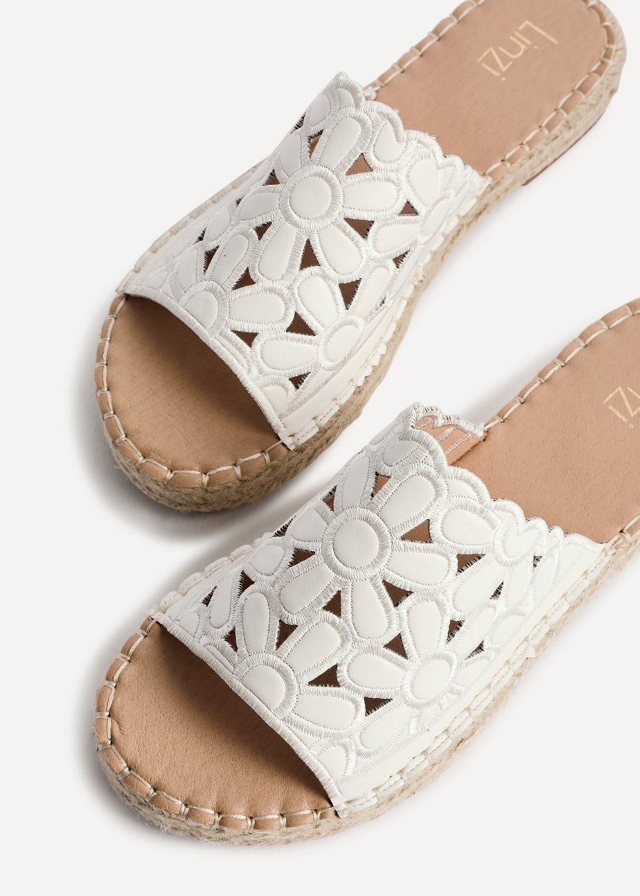 Linzi Parade White Faux Leather Floral Espadrille Flatform Slider