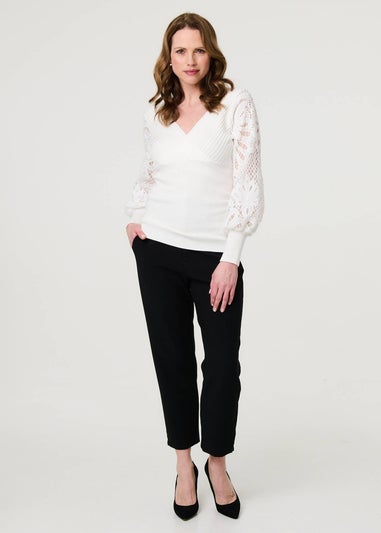 Izabel London Cream Floral Lace Puff Sleeve Fitted Knit Top