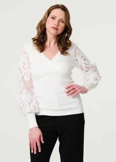 Izabel London Cream Floral Lace Puff Sleeve Fitted Knit Top