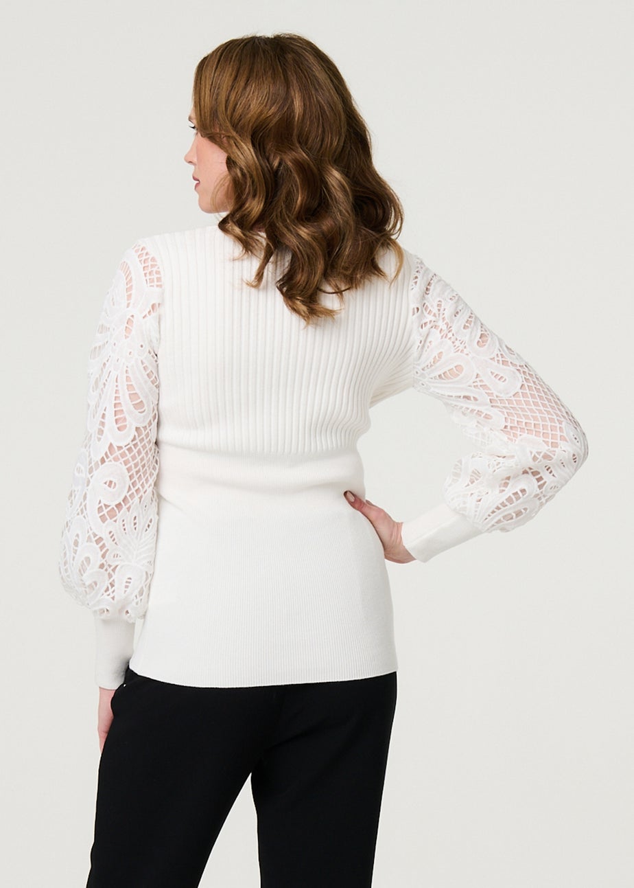 Izabel London Cream Floral Lace Puff Sleeve Fitted Knit Top