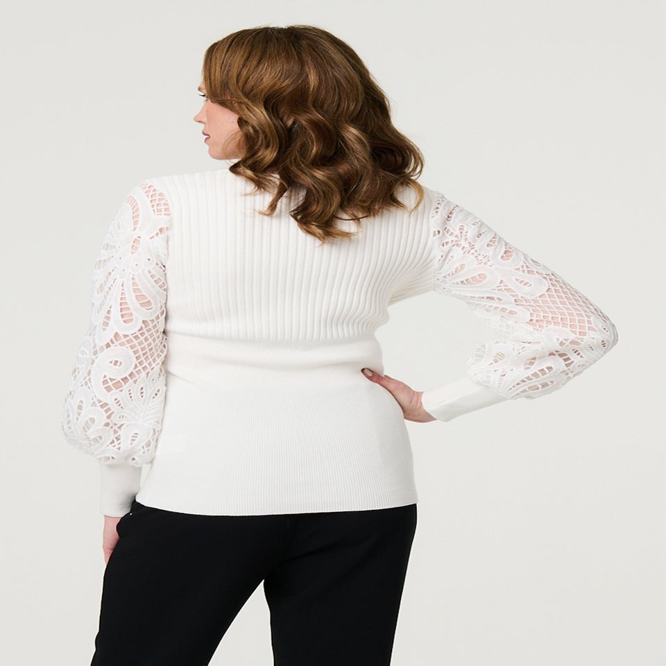 Izabel London Cream Floral Lace Puff Sleeve Fitted Knit Top
