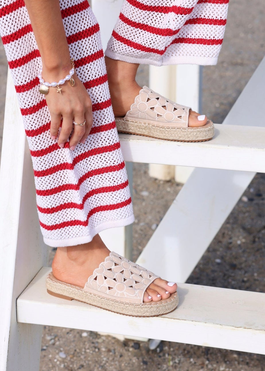 Linzi Parade Beige Faux Suede Floral Espadrille Flatform Slider