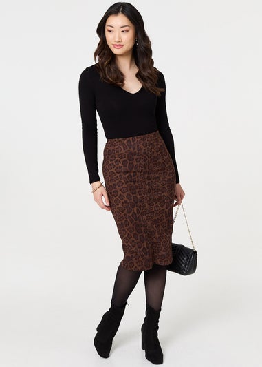 Izabel London Brown Animal Print Knee Length Pencil Skirt