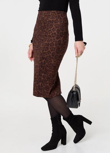 Izabel London Brown Animal Print Knee Length Pencil Skirt