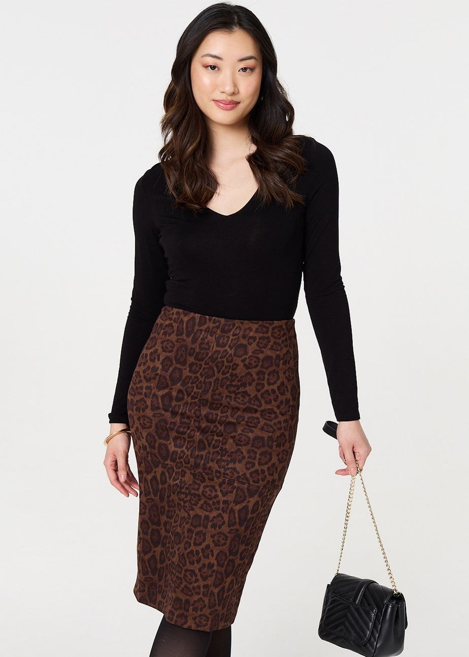 Izabel London Brown Animal Print Knee Length Pencil Skirt