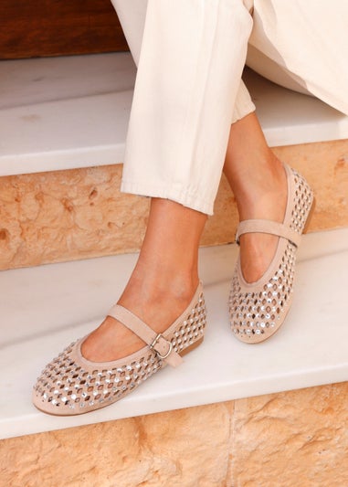 Linzi Delicate Sand Suede Diamante Embellished Ballet Pumps