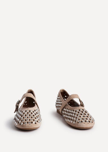 Linzi Delicate Sand Suede Diamante Embellished Ballet Pumps