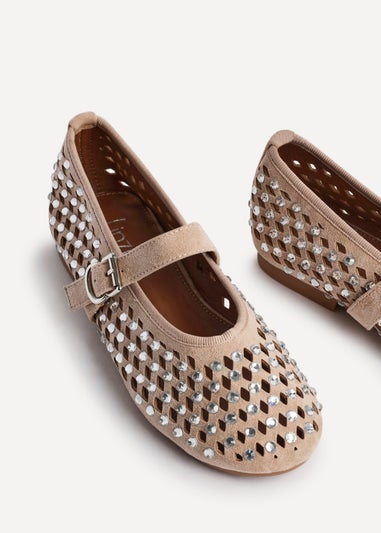 Linzi Delicate Sand Suede Diamante Embellished Ballet Pumps
